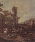 An architectural capriccio with a cavalry engagement,a landscape beyond, unknow artist